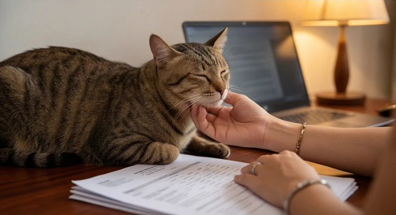Mơ thấy nuôi mèo là điềm gì? Giải mã điềm báo và con số tài lộc 7 Bàn tay người phụ nữ đang âu yếm vuốt ve đầu một bé mèo bên bàn làm việc