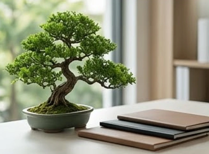 Cây bonsai xanh tươi đặt cạnh hồ sơ kinh doanh tượng trưng cho mạng Mộc sinh tài lộc vững bền