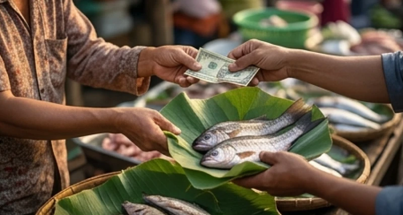 Cảnh trao đổi mua bán cá tươi tại chợ thể hiện sự luân chuyển và sinh lời của dòng tiền