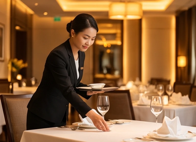 Quản lý nhà hàng đang cẩn thận kiểm tra chất lượng bàn tiệc trước khi đón khách