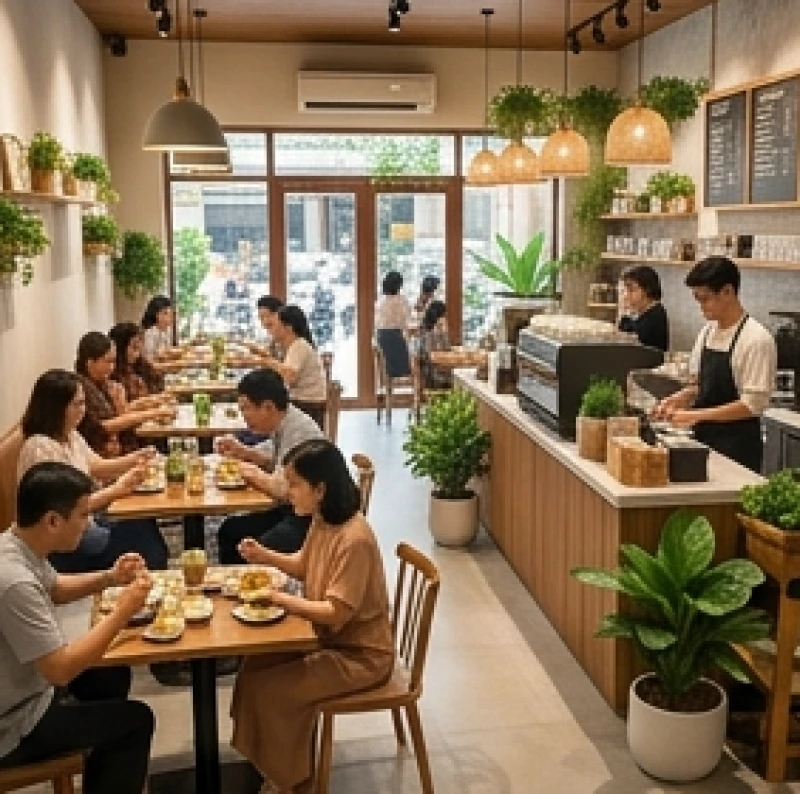 Tuổi Dần hợp kinh doanh gì: Phân loại mặt hàng & tỷ lệ hùn vốn 2 Không gian quán cà phê gia đình nhộn nhịp với thực khách đang thưởng thức đồ uống trong ánh sáng ấm áp