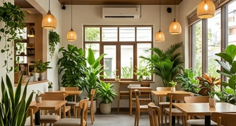 Không gian quán cafe ấm cúng trang trí nhiều cây xanh và nội thất gỗ phù hợp với người kinh doanh mệnh Mộc