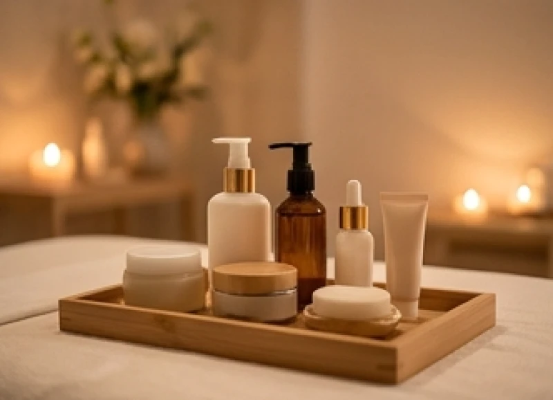 Không gian spa làm đẹp thư giãn với các sản phẩm chăm sóc da hữu cơ sắp xếp tinh tế