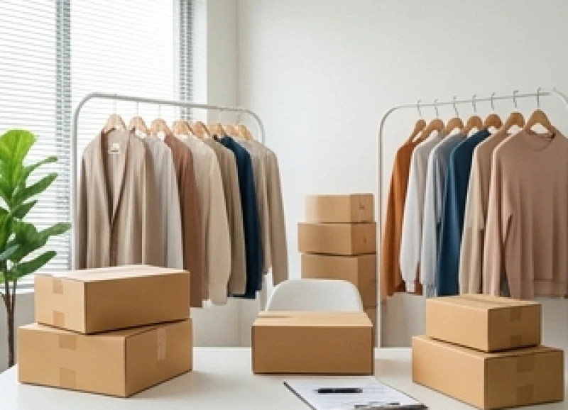 Quần áo thiết kế được treo gọn gàng bên cạnh khu vực đóng gói hàng hóa của shop trực tuyến