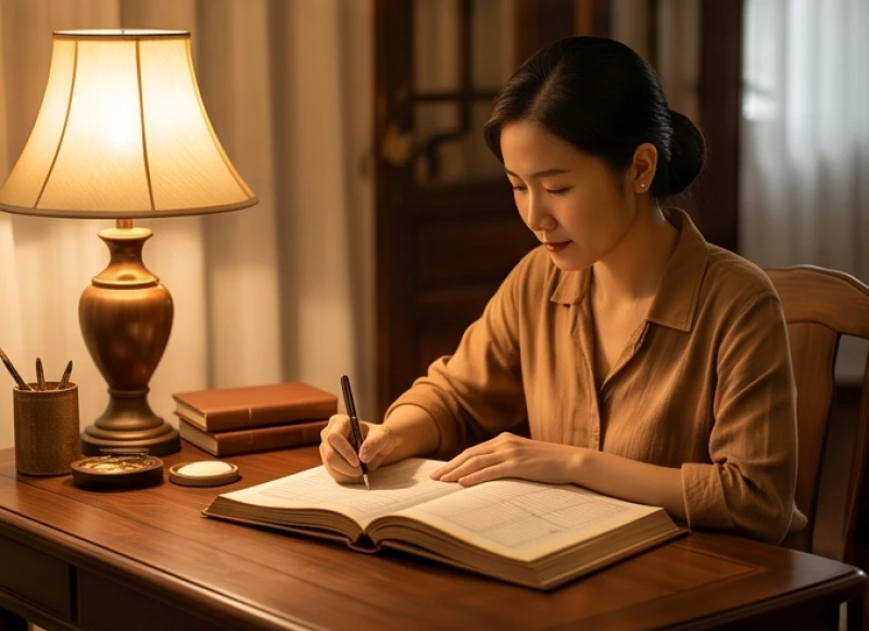Người phụ nữ trẻ đang ghi chép sổ sách kinh doanh tượng trưng cho giai đoạn lập nghiệp