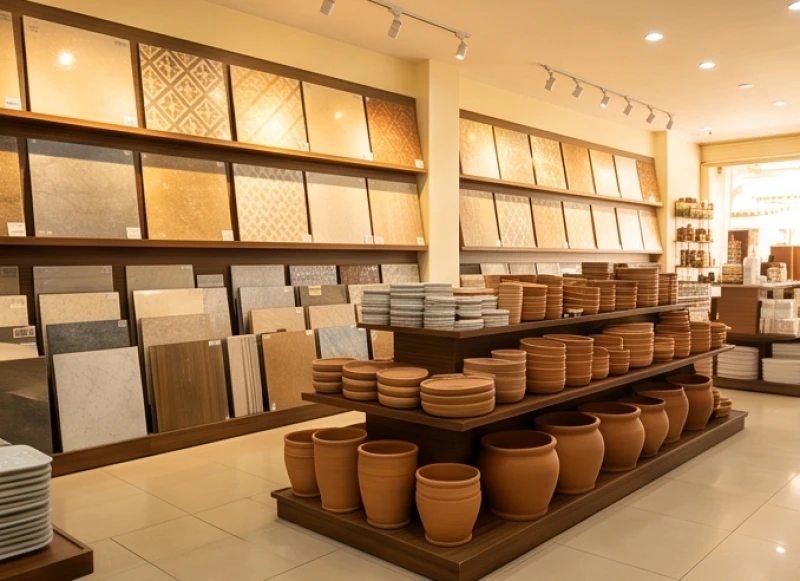 Tuổi Mùi hợp kinh doanh gì: Định hướng mặt hàng & bài trí cửa hàng 5 Gạch men và đồ gốm sứ được trưng bày vuông vức tại cửa hàng vật liệu dành cho chủ shop mệnh Thổ