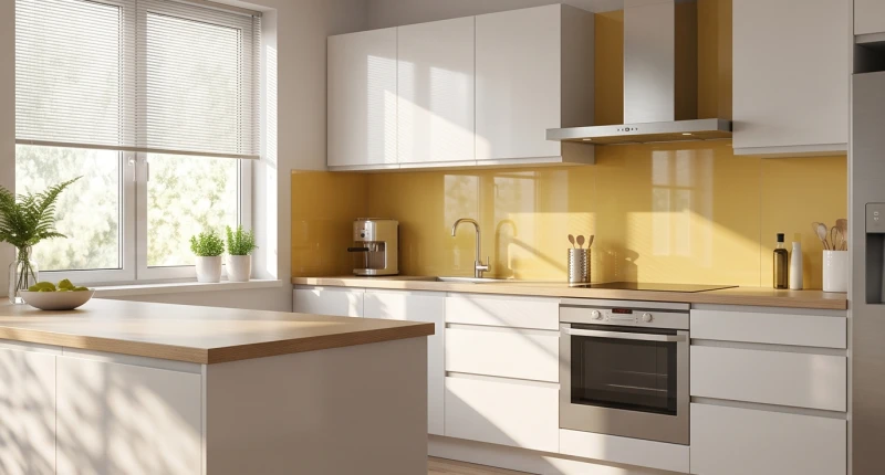 Hướng bếp hợp tuổi Sửu: Số đo Lỗ Ban và vật phẩm hóa giải 13 Hệ kính ốp tường bếp màu sáng phản chiếu ánh nắng dịu nhẹ trong căn hộ hướng Tây