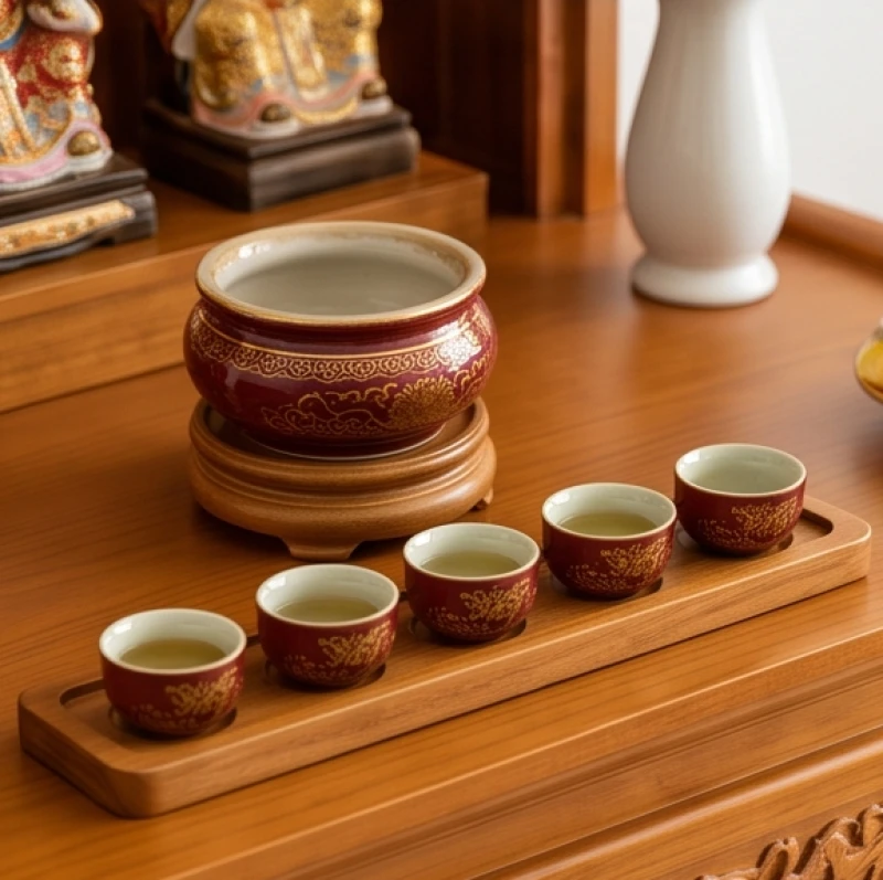 Cách bài trí bàn thờ Thần Tài cho tuổi Ngọ: sơ đồ và thủ tục 8 Kỷ năm chén nước đặt thẳng hàng sát mép ngoài của bàn thờ Thần Tài