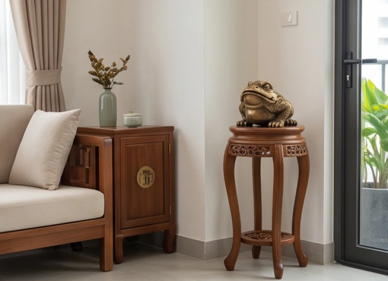 Thiềm Thừ Phong Thủy Tuổi Tỵ: Bảng Tra Ngũ Hành Và Hóa Giải 7 Cóc tài lộc an vị trang nghiêm trên một chiếc kỷ gỗ cao vuông vắn sát vách tường phòng khách