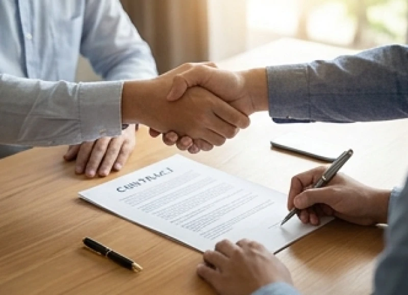Mơ thấy mua nhà là điềm gì? Bảng số tài lộc và cách hóa giải 6 Hai người đang bắt tay và ký kết hợp đồng giấy tờ nhà đất trên chiếc bàn gỗ sáng màu