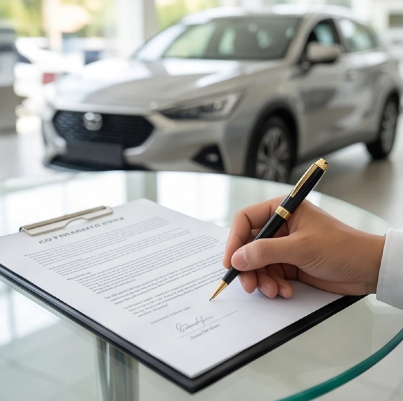 Khách hàng đang đặt bút ký kết bản hợp đồng mua bán ô tô chính thức trên chiếc bàn kính tại showroom