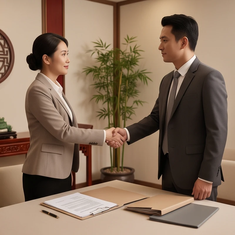 Hai người bắt tay hợp tác trước mặt một bản hợp đồng ghi rõ tỷ lệ chia sẻ lợi nhuận