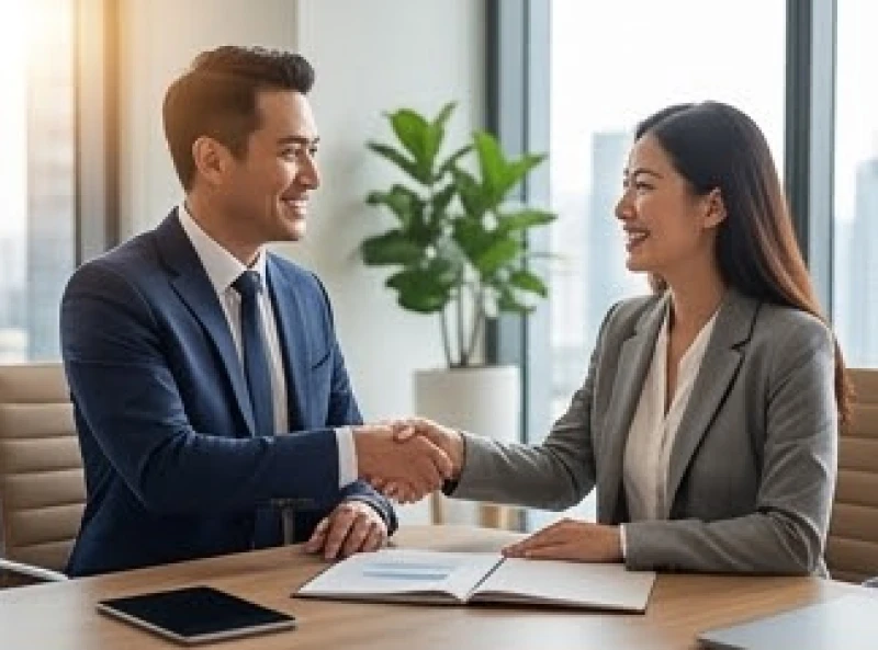 Hai đối tác mỉm cười bắt tay nhau sau khi ký kết hợp đồng kinh doanh thành công trên bàn làm việc
