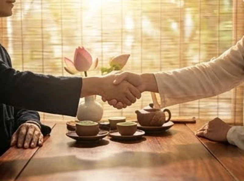 Hai bàn tay bắt tay nhau phía trên bàn làm việc bằng gỗ có đặt tách trà sen