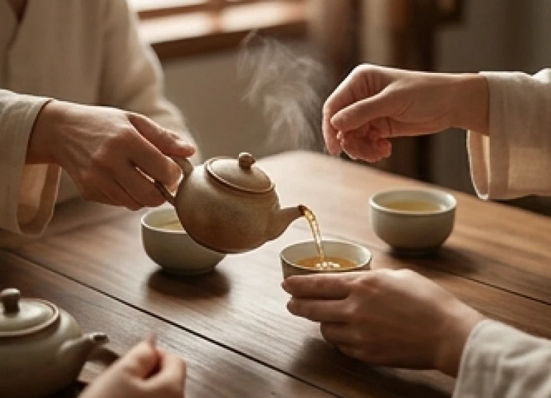 Hai người đang thực hiện nghi thức trà đạo thể hiện sự hòa hợp trong hợp tác