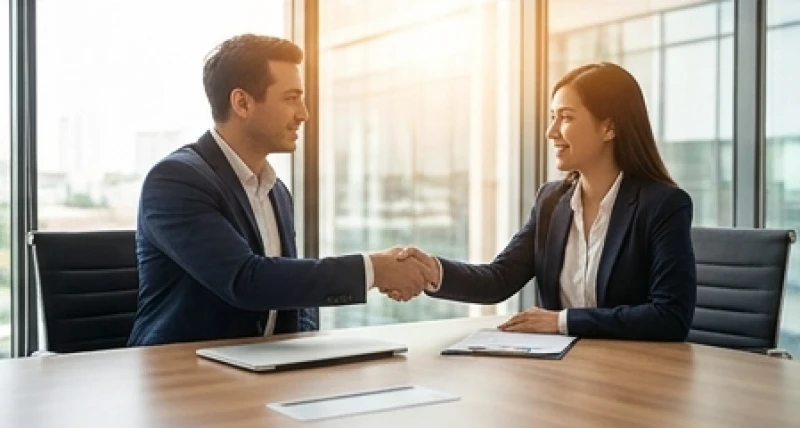 Hai doanh nhân mỉm cười tự tin bắt tay nhau trên bàn làm việc sau khi thỏa thuận thành công