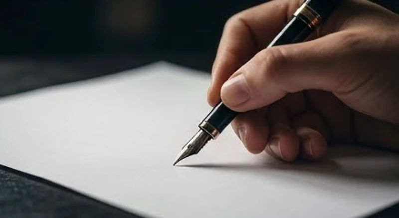 Bàn tay cầm chiếc bút mực đen cẩn thận ghi chép lên bề mặt tài liệu giấy trắng