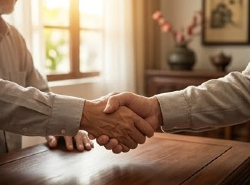 Hai người bắt tay hợp tác kinh doanh trong không gian làm việc phong cách truyền thống