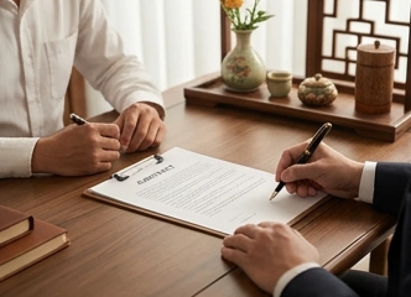 Hai người bắt tay ký kết hợp đồng trên bàn làm việc bằng gỗ sang trọng