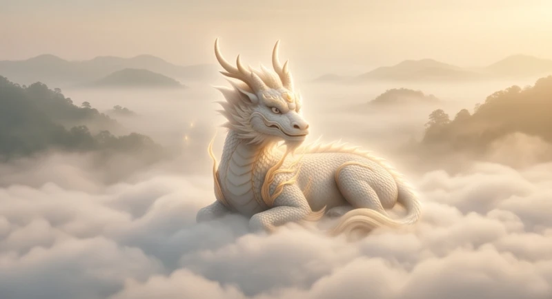 Kỳ lân châu Á với dáng vẻ hiền hòa trong mây mờ đại diện cho sự bình an khi mơ thấy kỳ lân
