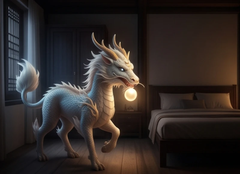 Linh vật kỳ lân êm dịu ngậm một viên ngọc sáng bước vào không gian phòng ngủ truyền thống ấm cúng