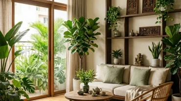 Không gian phòng khách thiết kế chuẩn phong thủy cho người tuổi kỷ mùi với tông màu xanh lá và ánh sáng tự nhiên