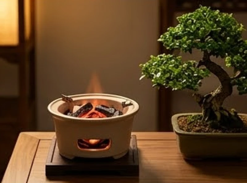 Lò sưởi nhỏ rực lửa ấm áp đặt cạnh một chậu cây bonsai xanh tươi tốt tượng trưng cho mệnh Mộc sinh Hỏa