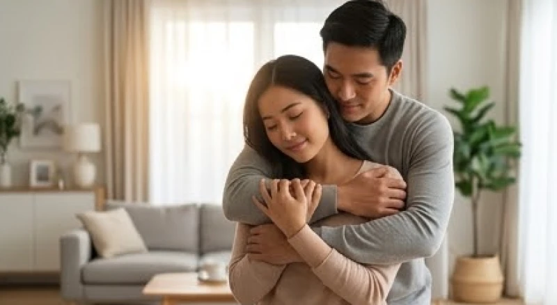 Người đàn ông nhẹ nhàng ôm người phụ nữ từ phía sau trong phòng khách để xoa dịu những cảm xúc bất an