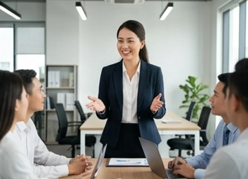 Quản lý tươi cười điều phối cuộc họp cùng đội nhóm trong không gian văn phòng mở