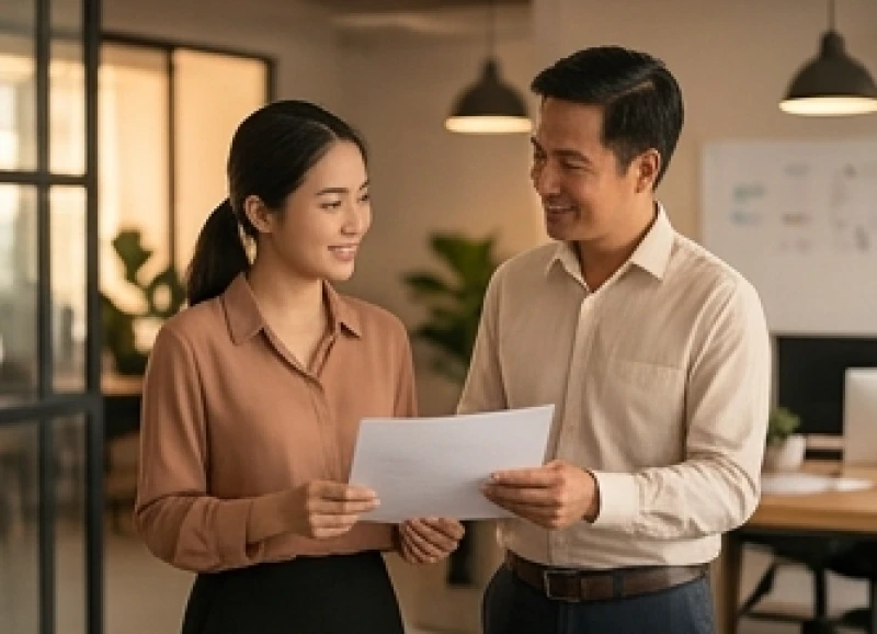 Tính cách tuổi Sửu: Phân tích nam nữ và cách bù trừ nhược điểm 8 Người quản lý thân thiện đang cởi mở thảo luận công việc cùng đồng nghiệp tại văn phòng