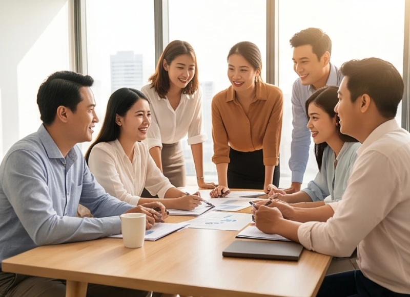 Nhóm nhân viên đang mỉm cười thảo luận và làm việc nhóm hòa thuận trong phòng họp