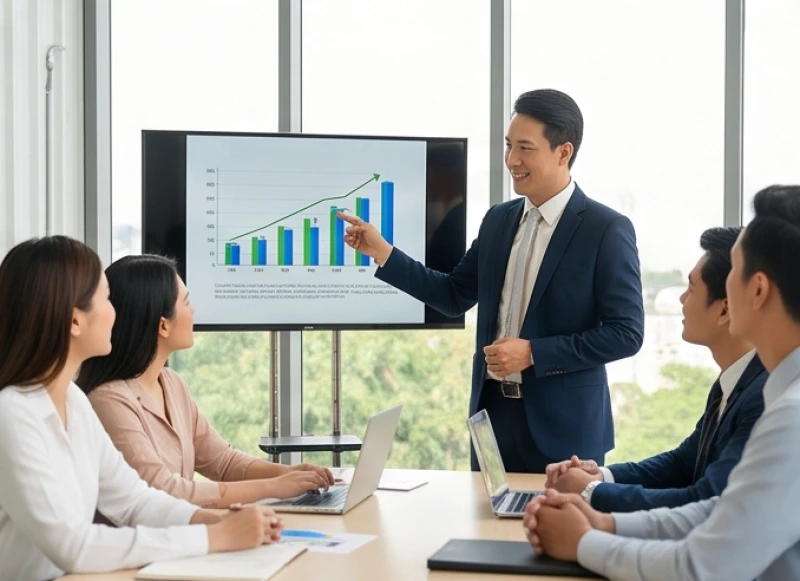 Nhân viên đang tự tin trình bày số liệu và phản biện trong cuộc họp phòng ban