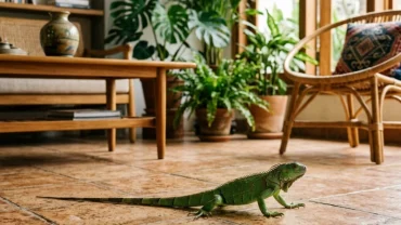 Cận cảnh con kỳ nhông xanh xuất hiện trong phòng khách giúp giải đáp kỳ nhông vào nhà là điềm gì