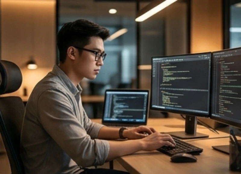 Tuổi Dần hợp nghề gì: Bảng tra cứu đối chiếu theo Can Chi 6 Kỹ sư phần mềm làm việc với hệ thống máy tính hiện đại tại văn phòng