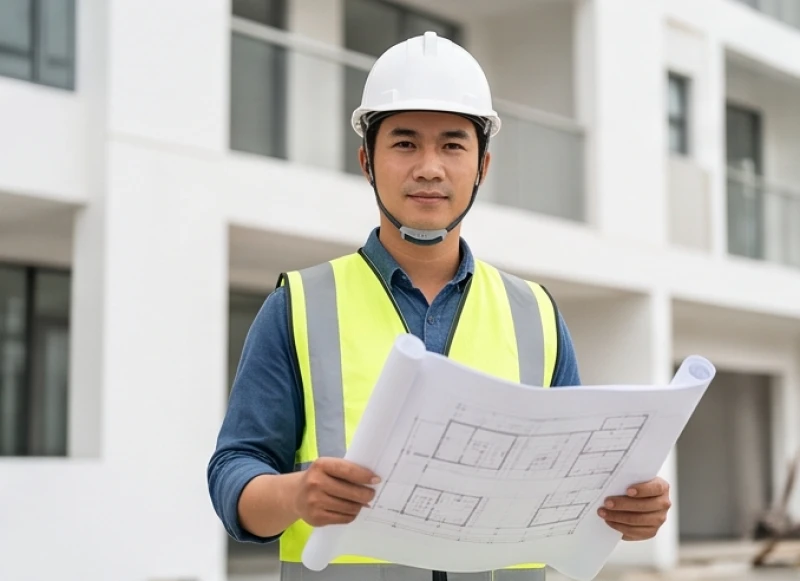 Nam kỹ sư xây dựng mặc áo phản quang đang giám sát tiến độ thi công tại công trường