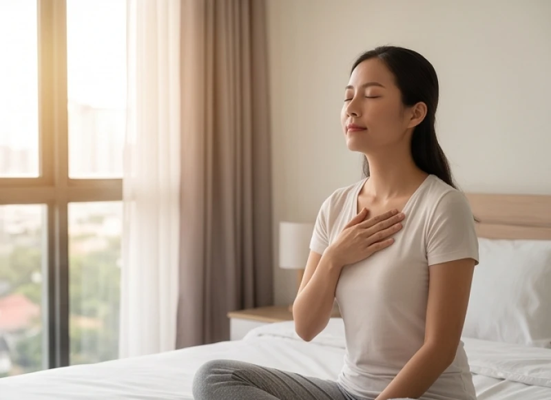 Mơ thấy công việc không thuận lợi: Điềm báo và số đẹp 7 Người phụ nữ nhắm mắt và đặt tay lên ngực để thực hành hít thở sâu giảm bớt căng thẳng