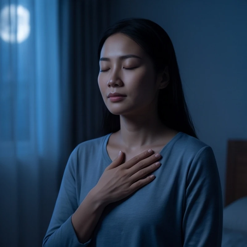 Mơ thấy người thân bị tai nạn: Điềm báo từng đối tượng & số chuẩn 7 Người phụ nữ nhắm mắt tĩnh tâm đặt tay lên ngực để thực hiện bài tập hít thở sâu