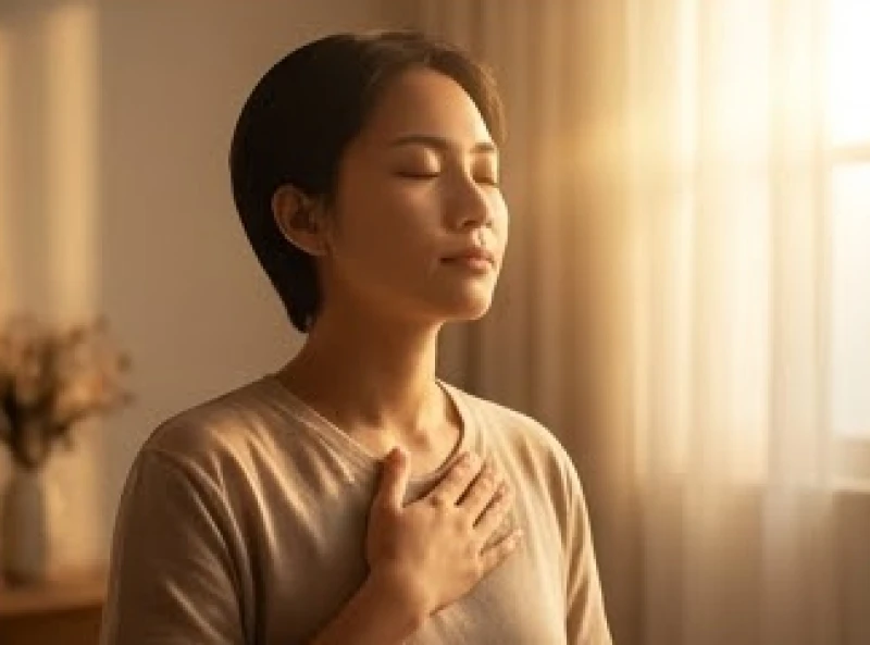 Một người nhắm mắt thư giãn và đặt tay lên ngực để cảm nhận nhịp thở sâu đón ánh bình minh ấm áp