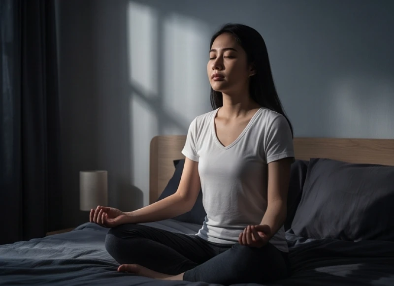 Mơ thấy búp bê ma: Giải mã điềm báo và cách trấn an tâm lý 7 Người phụ nữ ngồi thiền hít thở sâu với đôi mắt nhắm nghiền trên giường để lấy lại bình tĩnh