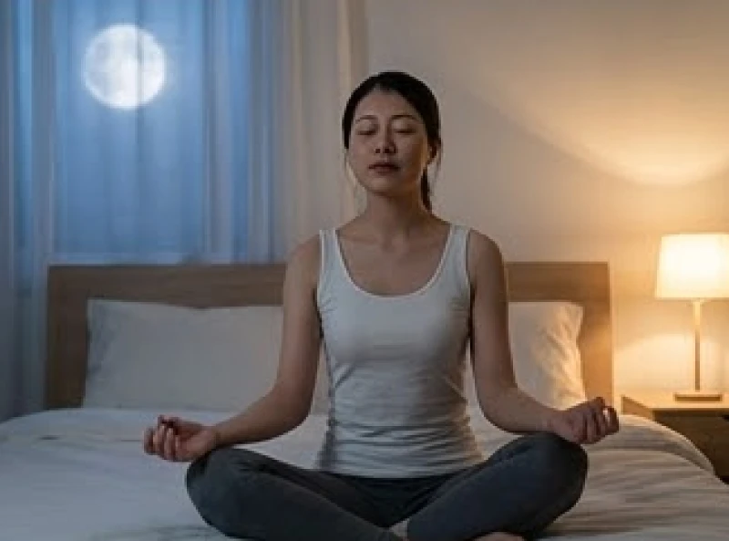 Giải mã mơ thấy người lạ: Điềm báo, con số và cách hóa giải 7 Người phụ nữ ngồi thiền và hít thở sâu trong không gian phòng ngủ thanh bình tĩnh lặng