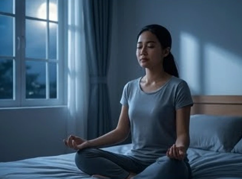 Người phụ nữ nhắm mắt thiền định và tập hít thở sâu để hạ nhịp tim trên giường ngủ