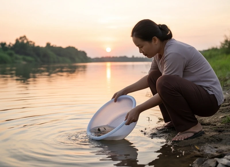 Gia chủ ngồi sát mép nước, nghiêng nhẹ chậu để cá từ từ bơi ra sông lớn, đảm bảo an toàn tuyệt đối cho sinh mạng