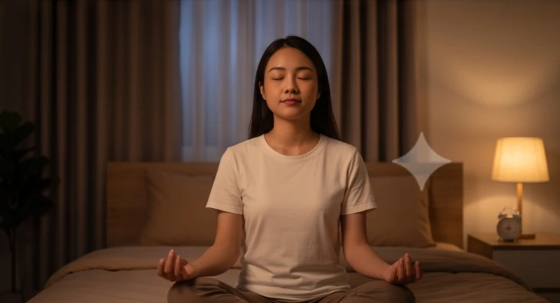 Phụ nữ ngồi tĩnh tâm áp dụng nhịp thở 4-7-8 để xoa dịu thần kinh sau khi mơ thấy mình chết
