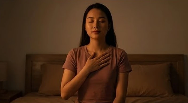 Cô gái ngồi trên giường nhắm mắt và đặt tay lên ngực để thực hành hít thở sâu