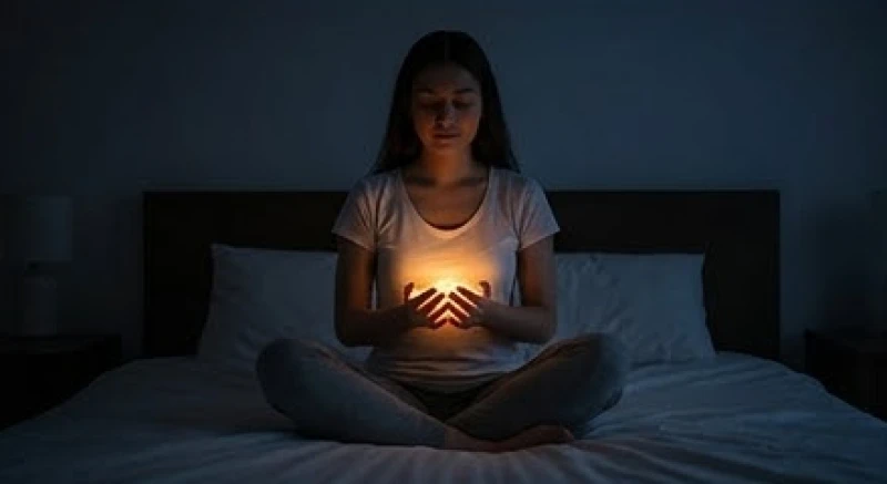 Một người ngồi nhắm mắt bình thản thực hành nhịp thở chậm rãi trong không gian mờ ảo