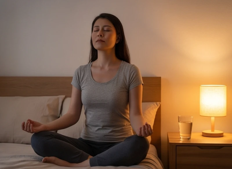 Giải Mã Giấc Mơ Bị Ma Nhập: Phân Biệt Bóng Đè & Cách Hóa Giải 7 Cô gái nhắm mắt hít thở sâu với một ly nước ấm đặt ngay trên chiếc bàn cạnh giường