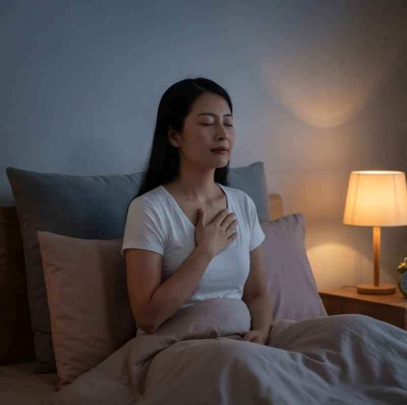 Người phụ nữ ngồi tựa lưng vào gối trên giường nhắm mắt hít thở sâu để hạ nhịp tim