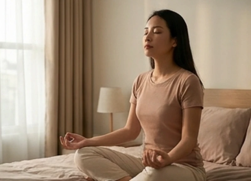 Phụ nữ nhắm mắt và hít thở sâu trên giường để xoa dịu hệ thần kinh lúc thức giấc