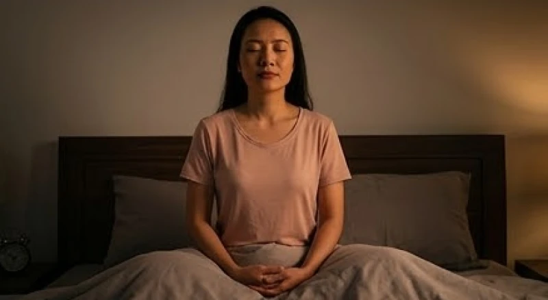 Người phụ nữ nhắm mắt, ngồi thiền thư giãn trên giường để ổn định lại nhịp tim sau cơn ác mộng