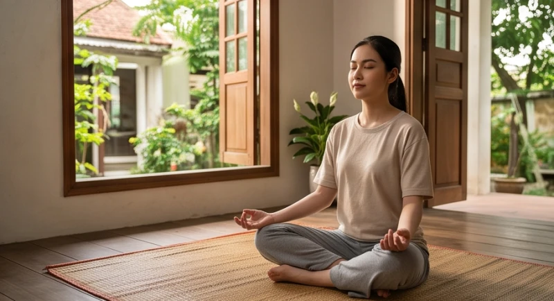 Một người phụ nữ đang nhắm mắt thư giãn và hít thở sâu trong phòng khách đón nhiều ánh sáng tự nhiên